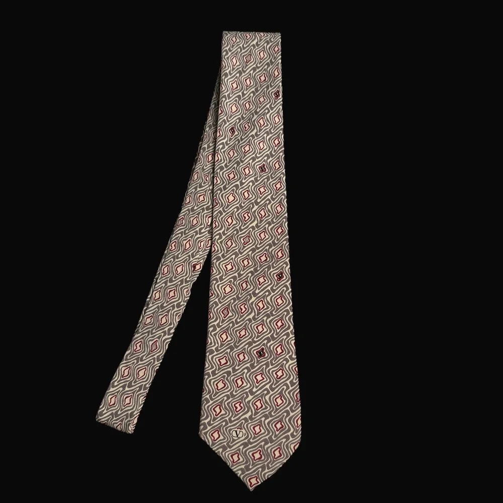 Valentino‎ Cravatte Mens Silk Tie Geometric Wavy Diamond Burgundy Grey Italy Vtg
